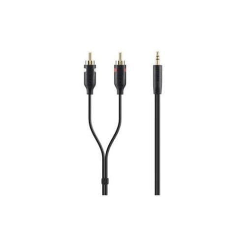 F3Y116BT2M - Belkin Mini-phone/RCA Audio Cable - 2 m Mini-phone/RCA Audio Cable for iPad, iPod, iPhone, Tablet, Smartphone - First End: 2 x RCA Stereo Audio - Male - Second End: 1 x Mini-phone Stereo Audio - Male - Shielding - Black