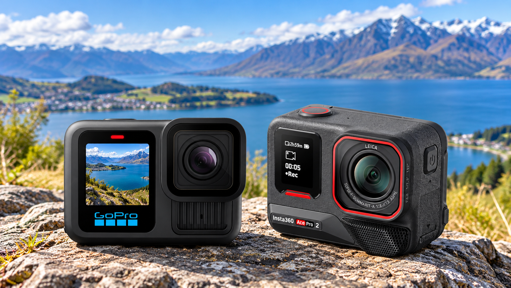 GoPro and Insta360 Ace Pro 2 action cameras on a rocky ledge overlooking a blue alpine lake and mountain landscape.