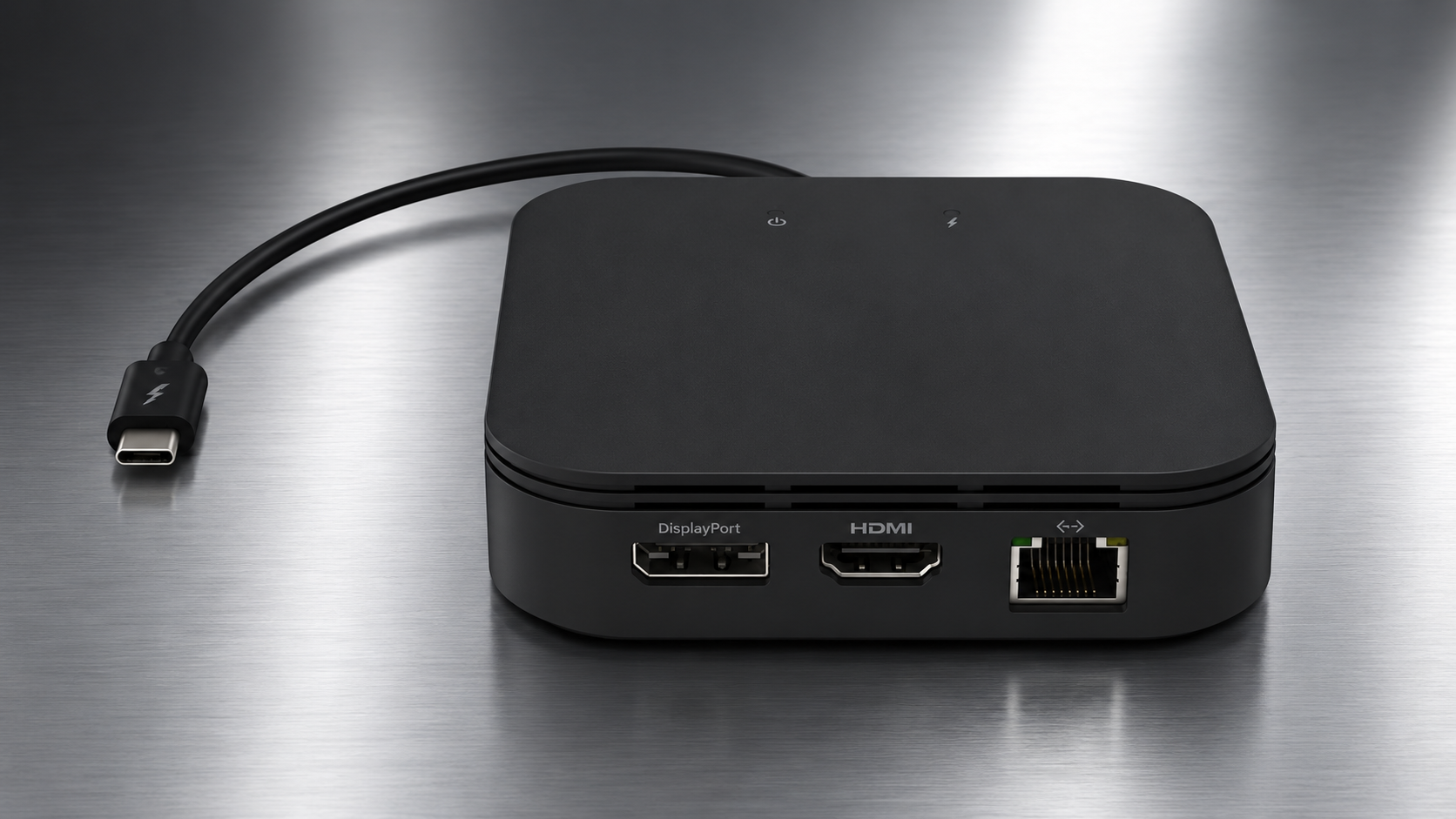 Black USB-C docking station with DisplayPort, HDMI and Ethernet connections on a white background.