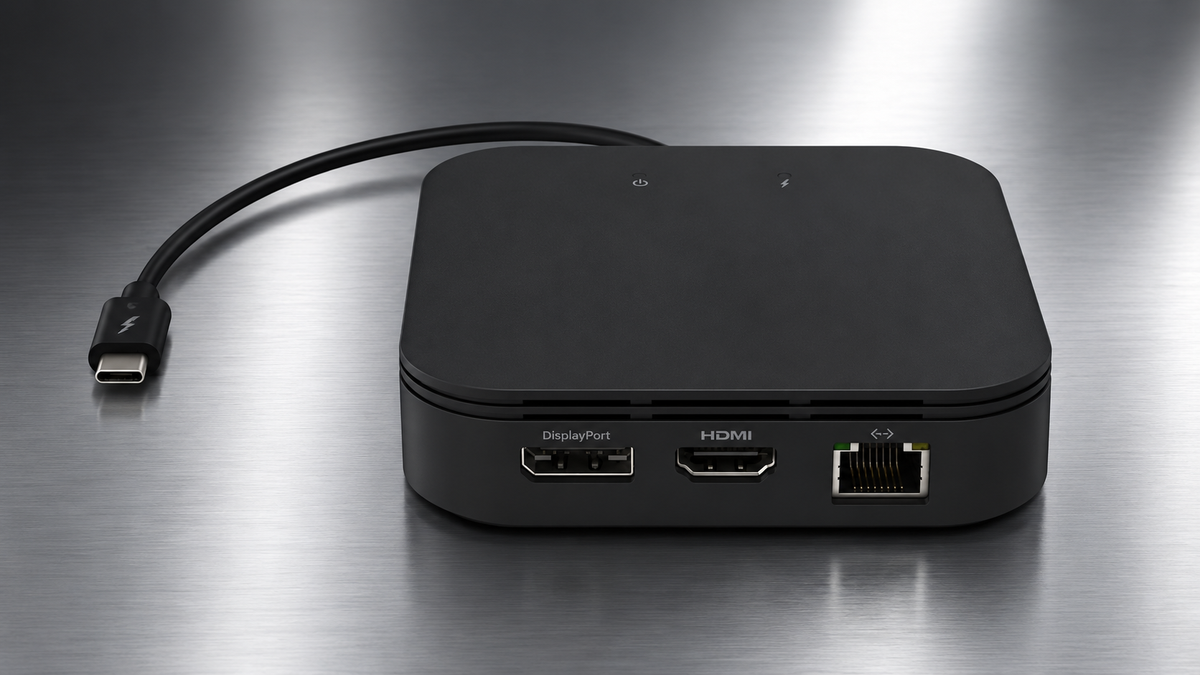 Black USB-C docking station with DisplayPort, HDMI and Ethernet connections on a white background.