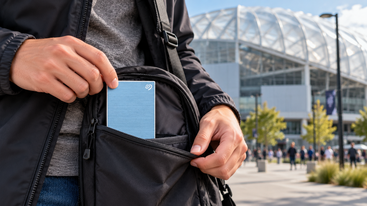 Blue Seagate portable hard drive in an open shoulder bag outside Forsyth Barr Stadium in Dunedin.