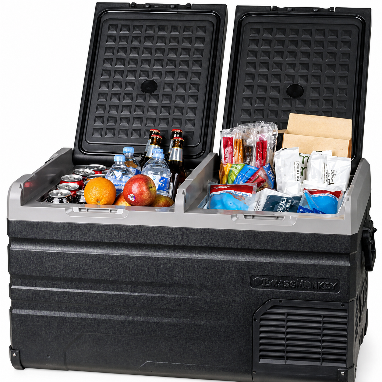 Brass Monkey portable fridge-freezer open lid on campsite - Portable Fridge-Freezers at Tech Supply Shed NZ