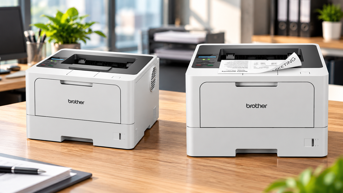 Two Brother monochrome laser printers on a wooden desk in a modern office, with one printer producing a document.