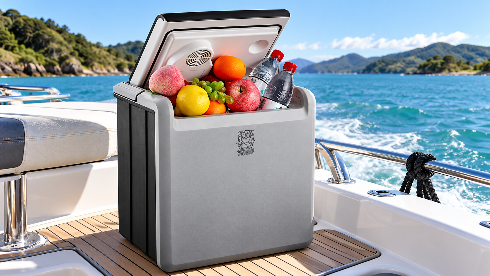 Portable fridge filled with chilled drinks and fruit aboard a recreational boat cruising through New Zealand coastal waters.
