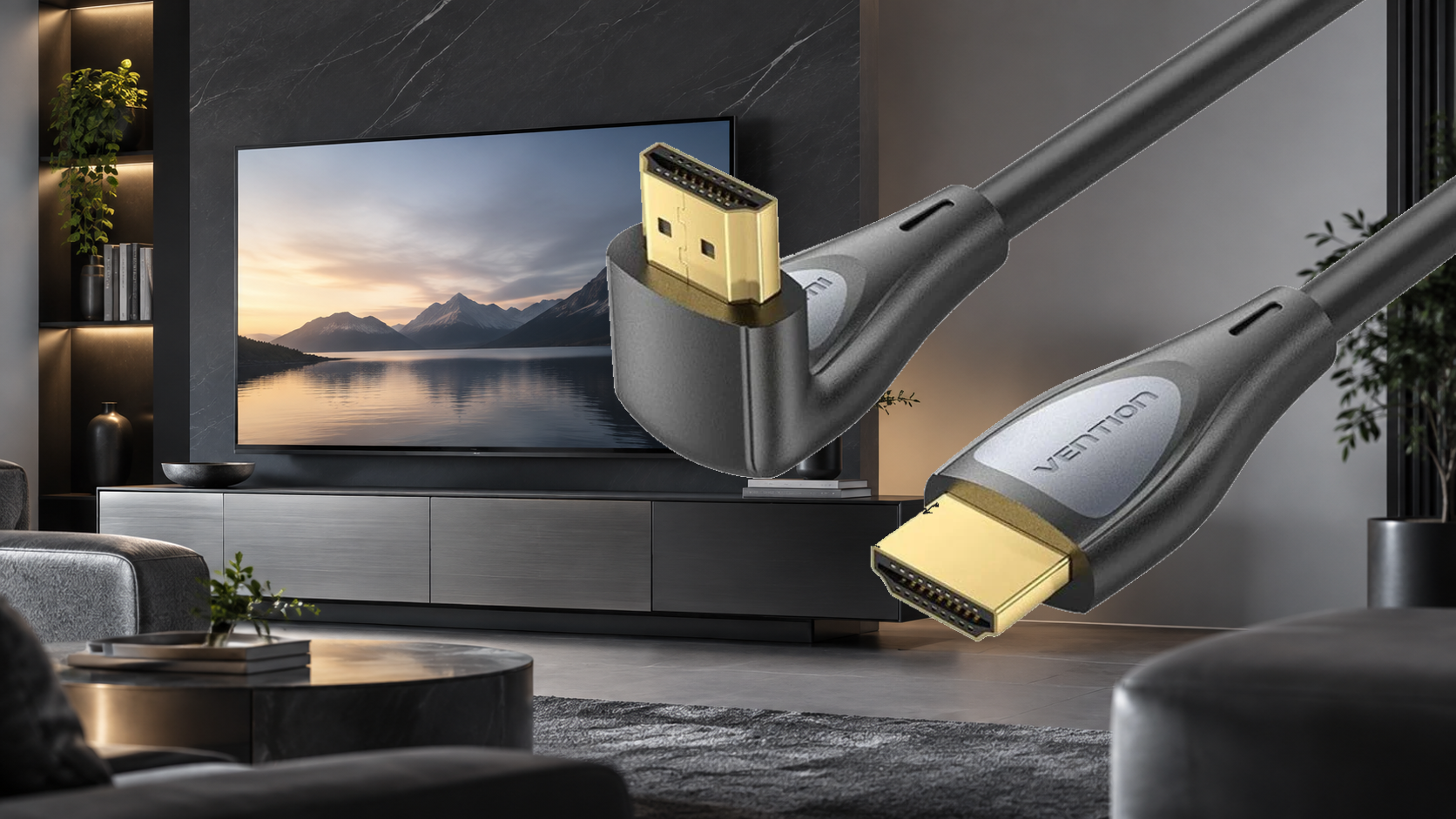 Cinematic modern living room with a large TV and HDMI leads - Home Entertainment at Tech Supply Shed NZ