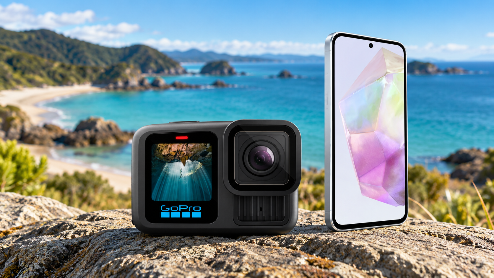 GoPro action camera and smartphone displayed on a rocky coastal lookout with turquoise ocean and sandy beach in the background.