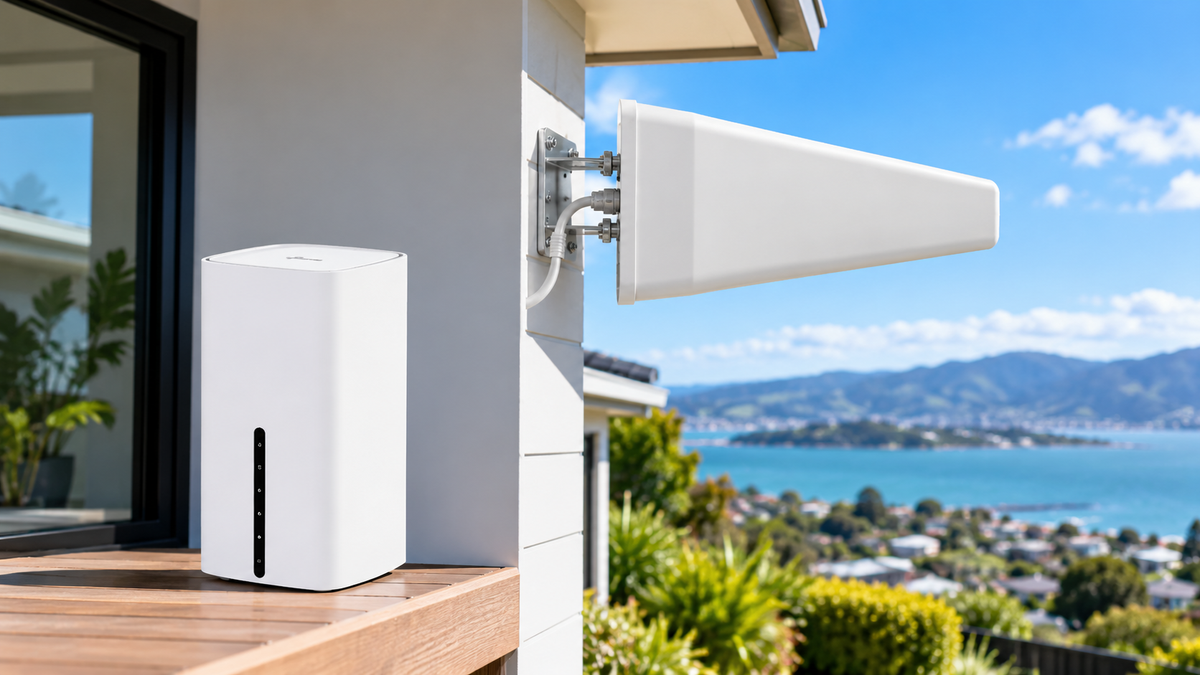 White outdoor directional antenna and Wi-Fi router installed at a modern New Zealand home overlooking a coastal bay.