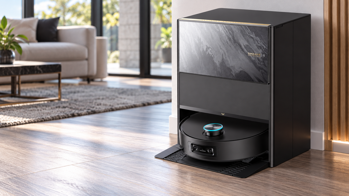 Dreame robot vacuum and self-cleaning dock positioned in a modern New Zealand living room.