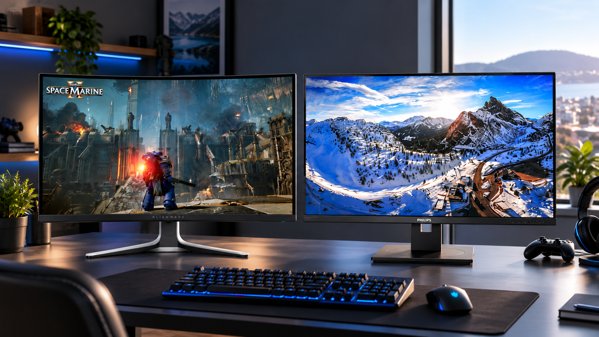 Dual computer monitors on a modern desk, showing gaming and mountain imagery in a stylish home office setup.