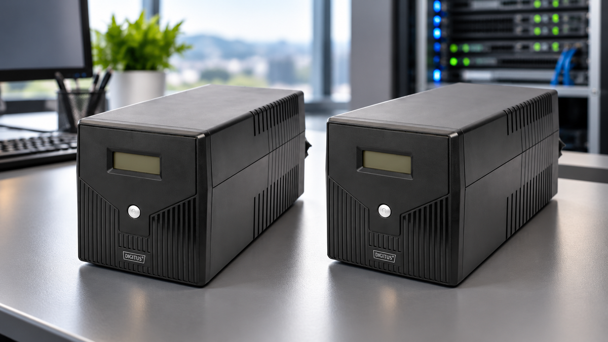 Two black DIGITUS UPS battery backup units on a desk in a modern IT office with server equipment in the background.