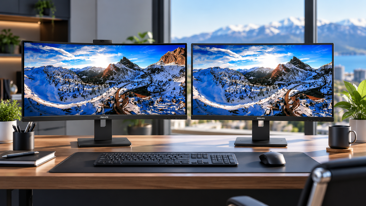Dual Philips monitors displaying a snowy mountain landscape on a modern office desk with keyboard, mouse and scenic window background.