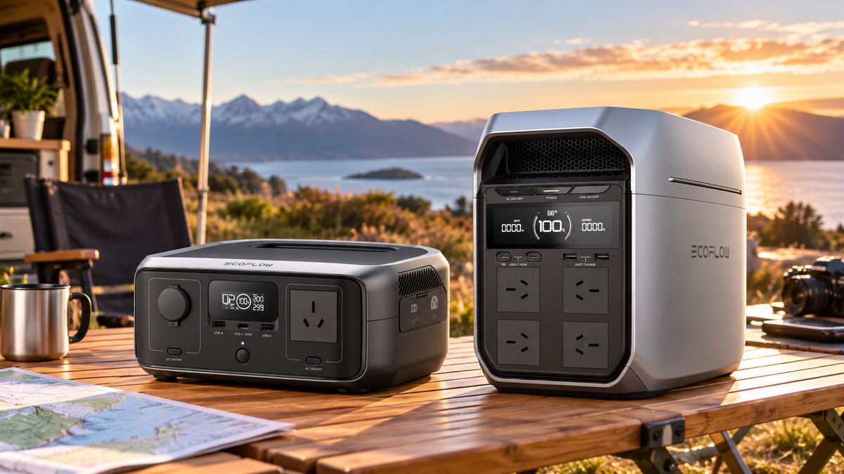 EcoFlow portable power stations on a wooden camping table beside a lake and mountains at sunset, ideal for off-grid power and outdoor adventures.