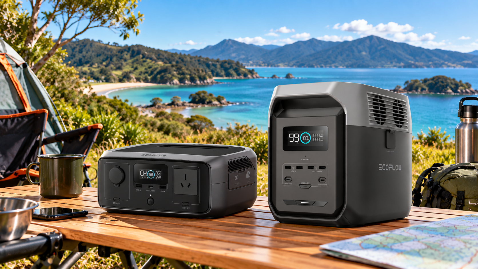 EcoFlow portable power stations on a camping table overlooking the Nelson coastline, New Zealand, with turquoise water, native bush and mountains in the background.