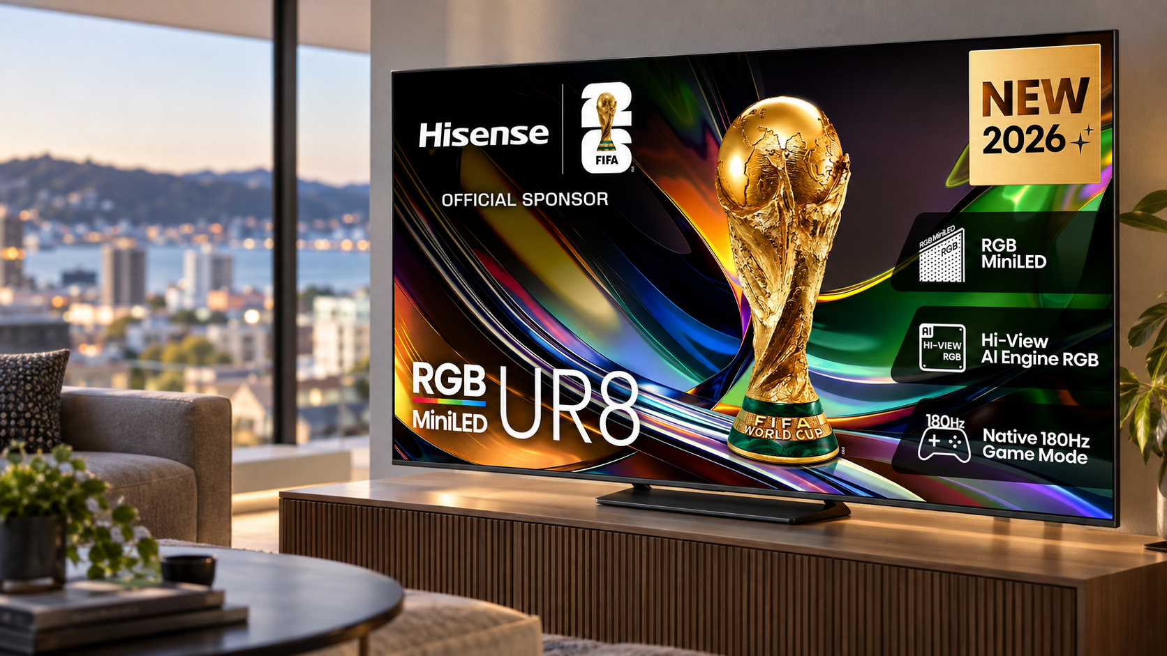 Hisense UR8 RGB MiniLED TV displaying FIFA World Cup 2026 promotional imagery in a modern New Zealand living room.