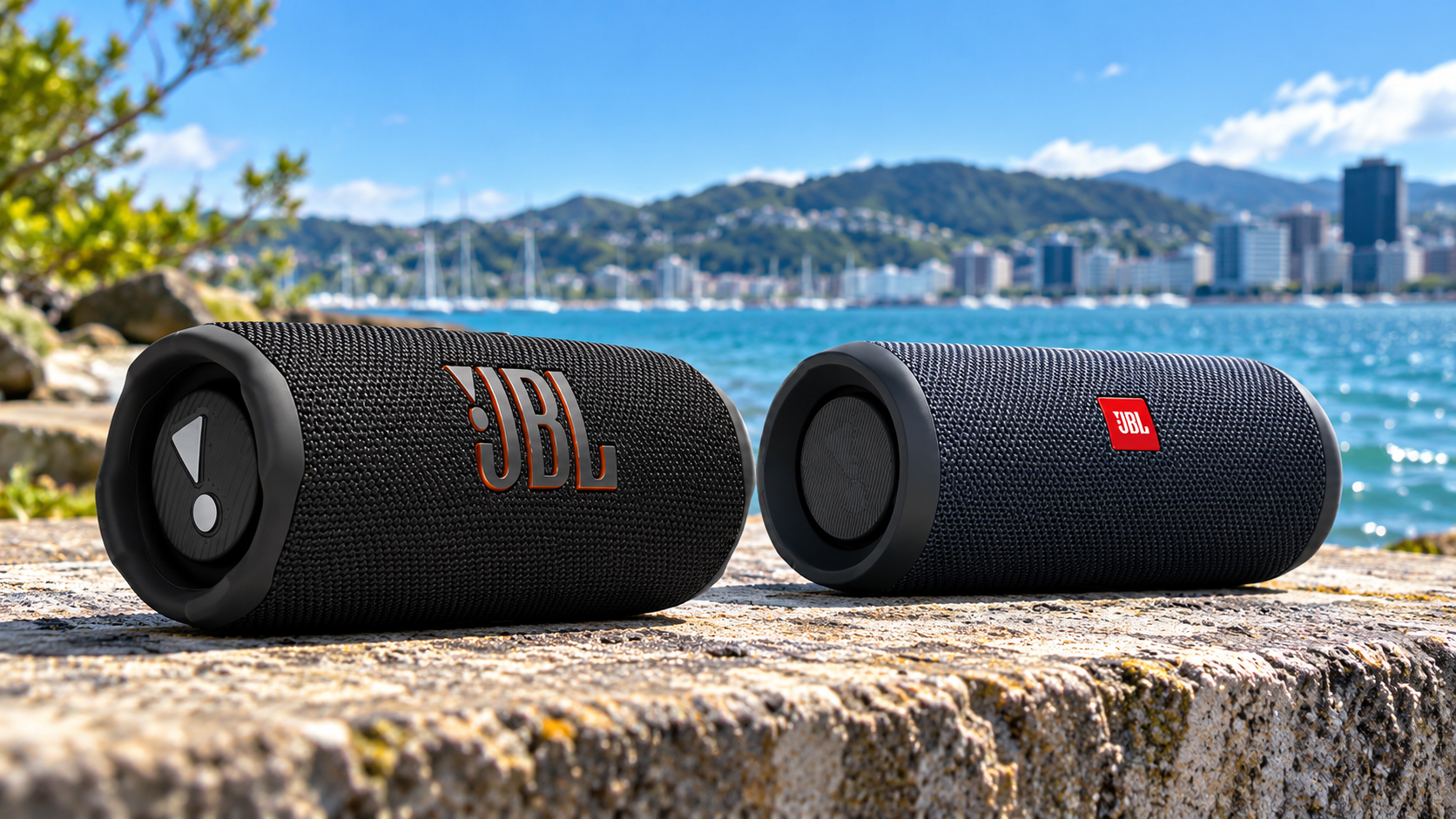 Two black JBL portable Bluetooth speakers on a waterfront ledge with blue water, marina boats and a city skyline in the background.