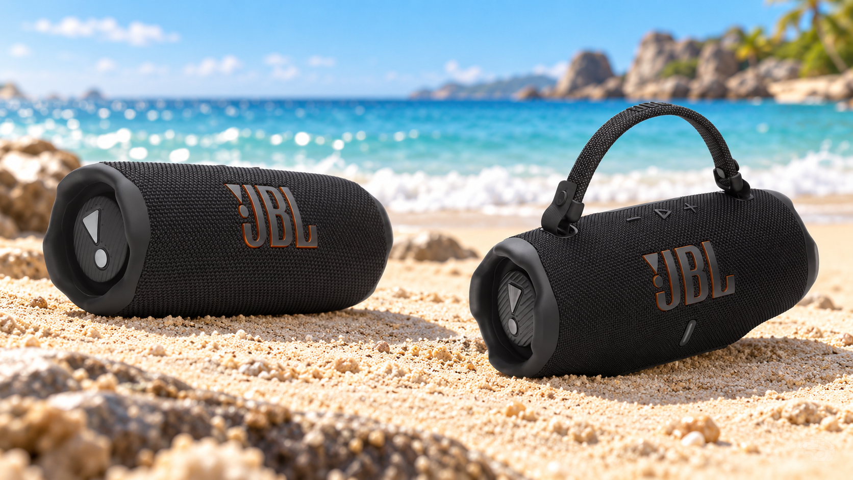 Two black JBL portable Bluetooth speakers on a sandy beach with turquoise ocean water and rocky coastline in the background.