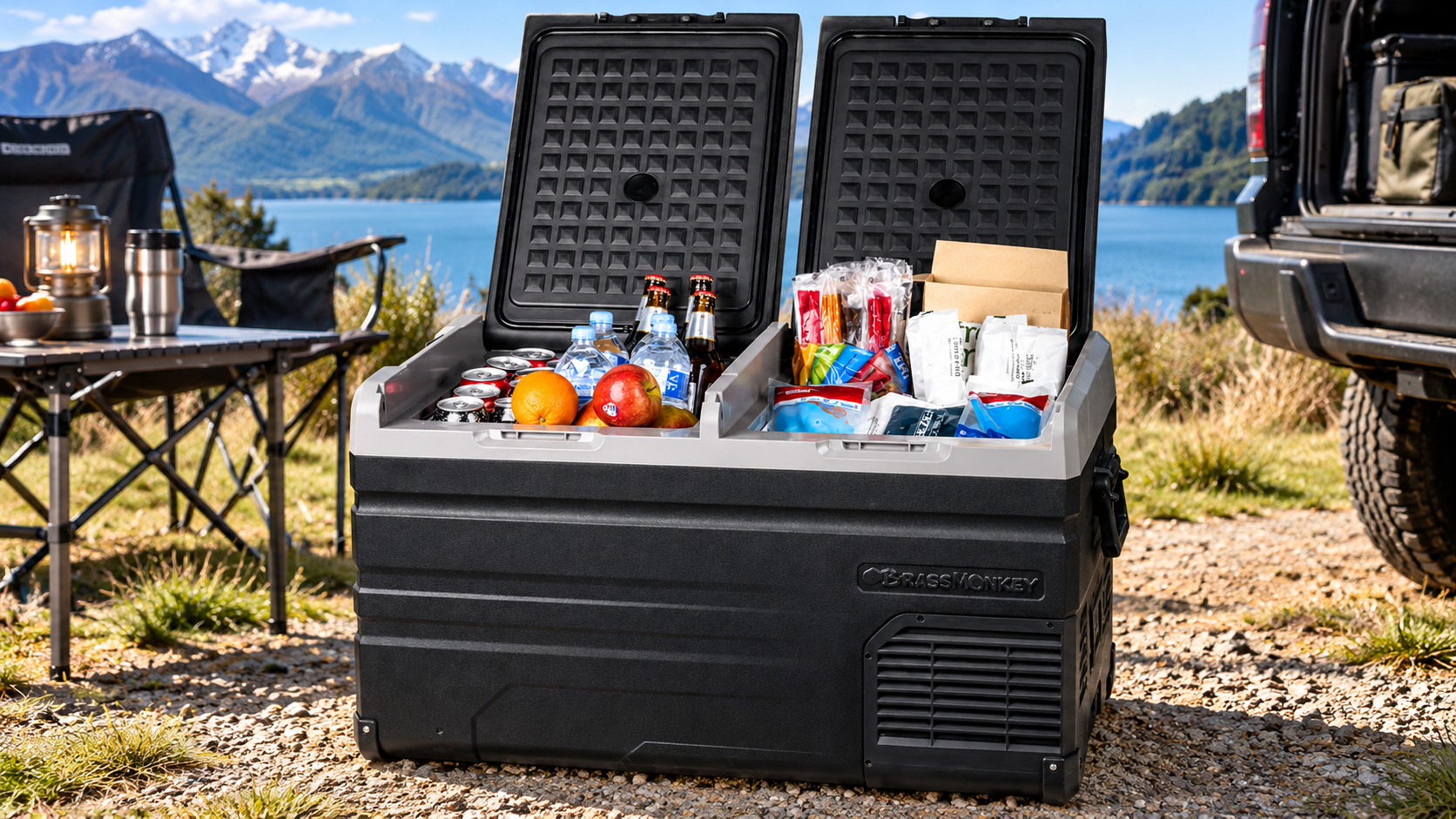 Brass Monkey dual-lid portable fridge freezer filled with food and drinks at a New Zealand lakeside campsite