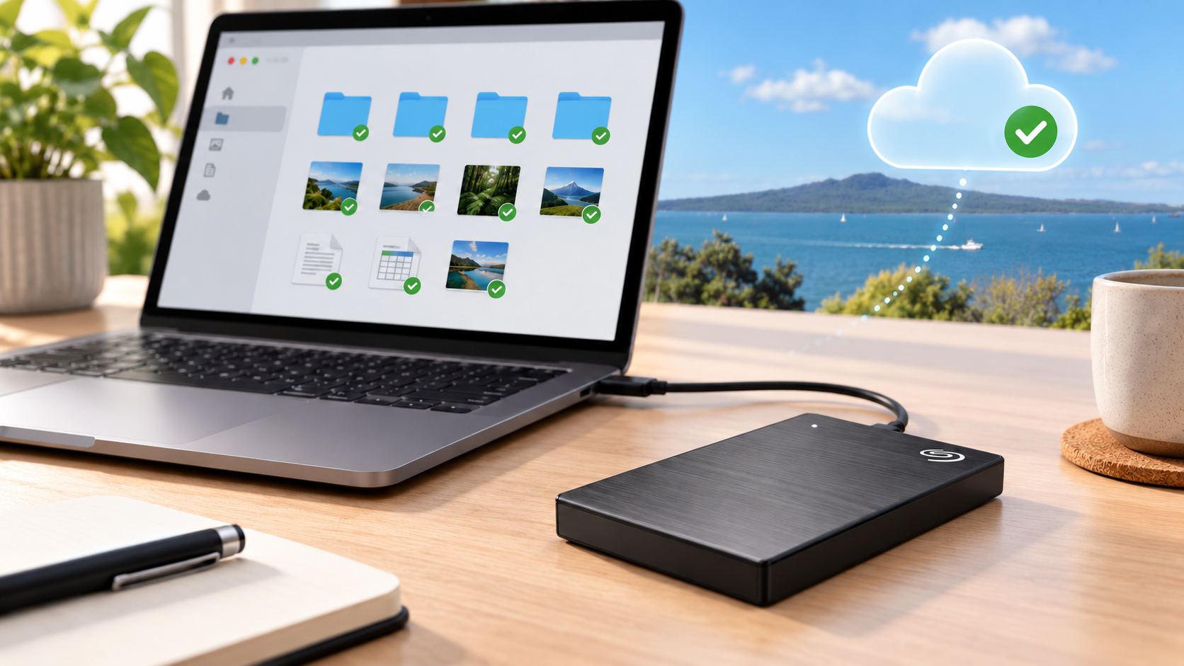 Laptop connected to a Seagate external hard drive, with a cloud backup symbol and Rangitoto Island in the background, illustrating the 3-2-1 backup rule.