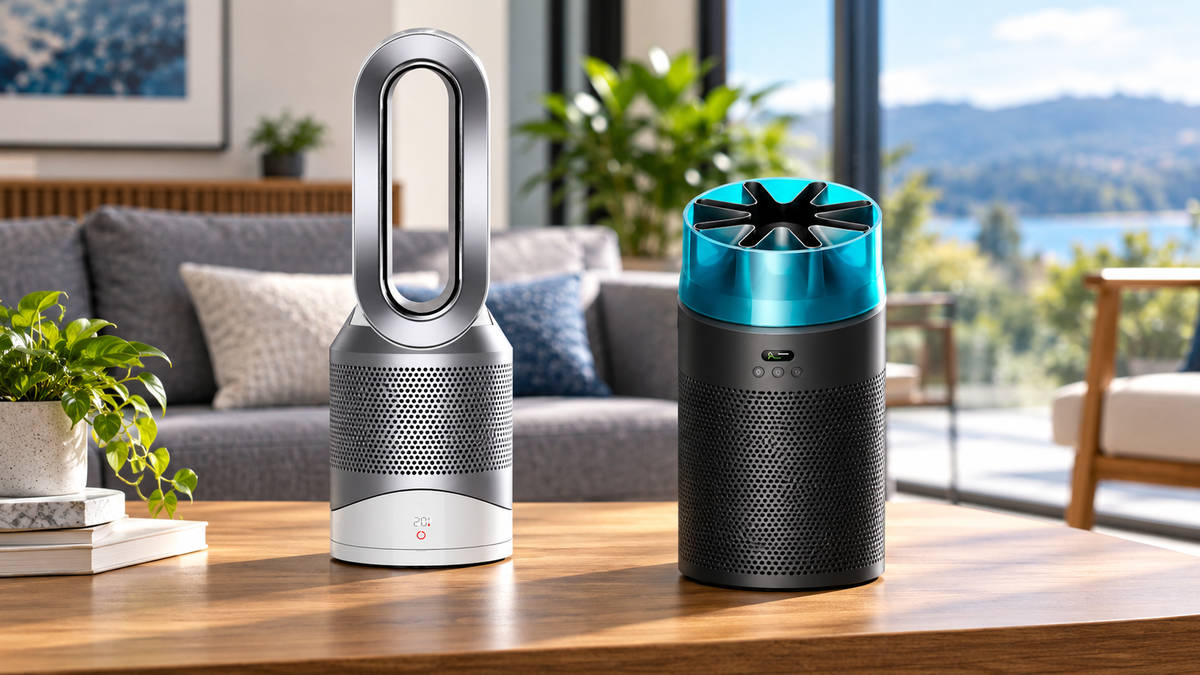 Two modern air purifiers on a wooden table in a bright contemporary living room, with a silver bladeless tower and a black cylindrical purifier with a blue top.