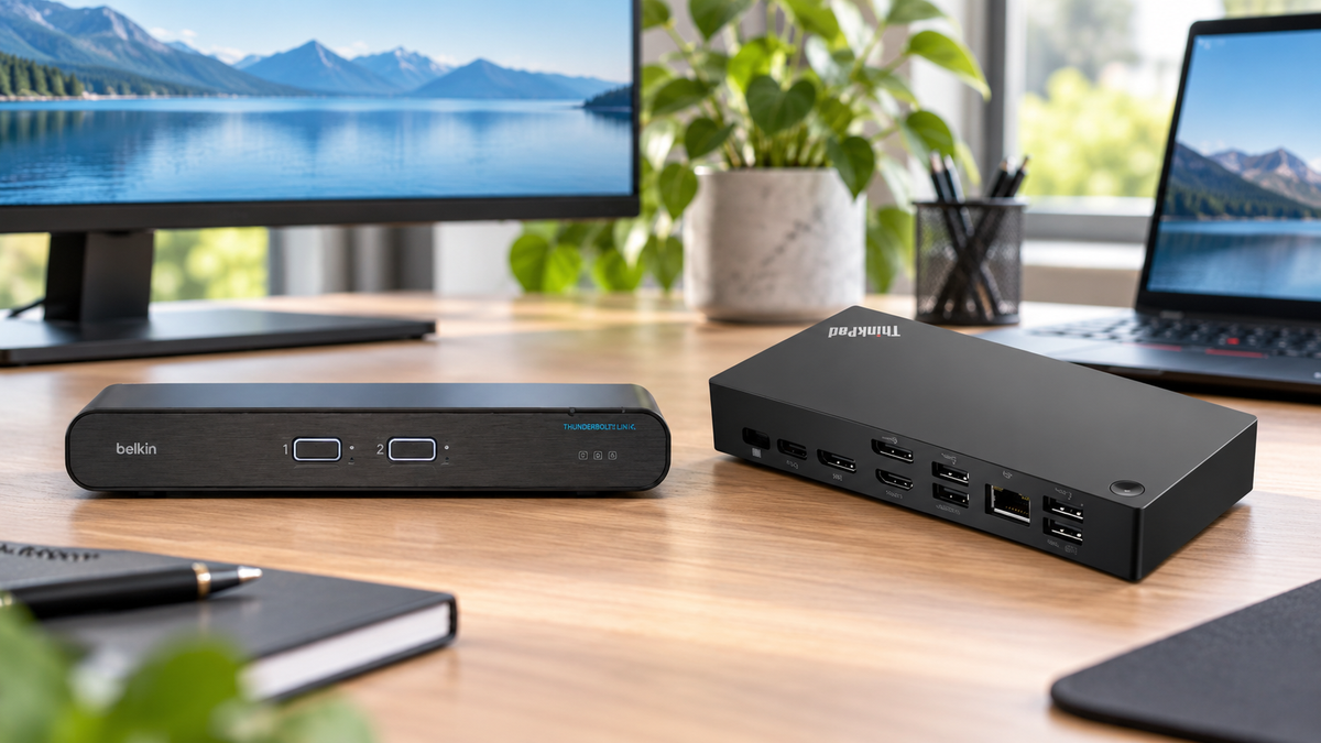 Belkin and ThinkPad docking stations on a modern office desk with a monitor and laptop in the background.