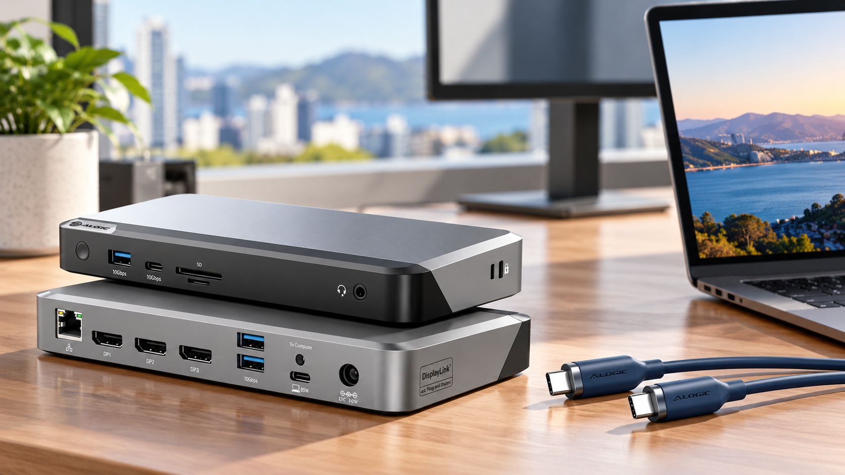 ALOGIC USB-C docking station and USB-C cables on a modern office desk beside a laptop and monitor.
