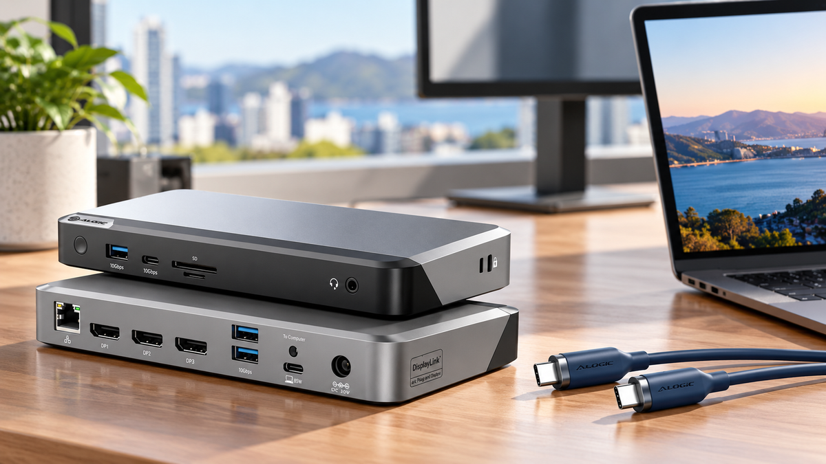 ALOGIC USB-C docking station and USB-C cables on a modern office desk beside a laptop and monitor.
