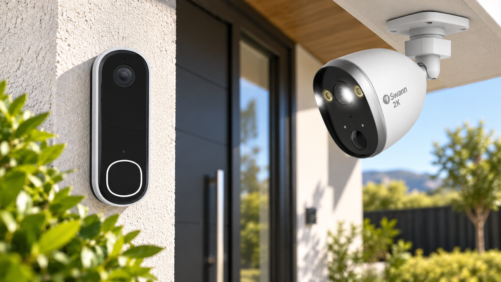 Swann 2K security camera and video doorbell installed at the entrance of a modern New Zealand home.
