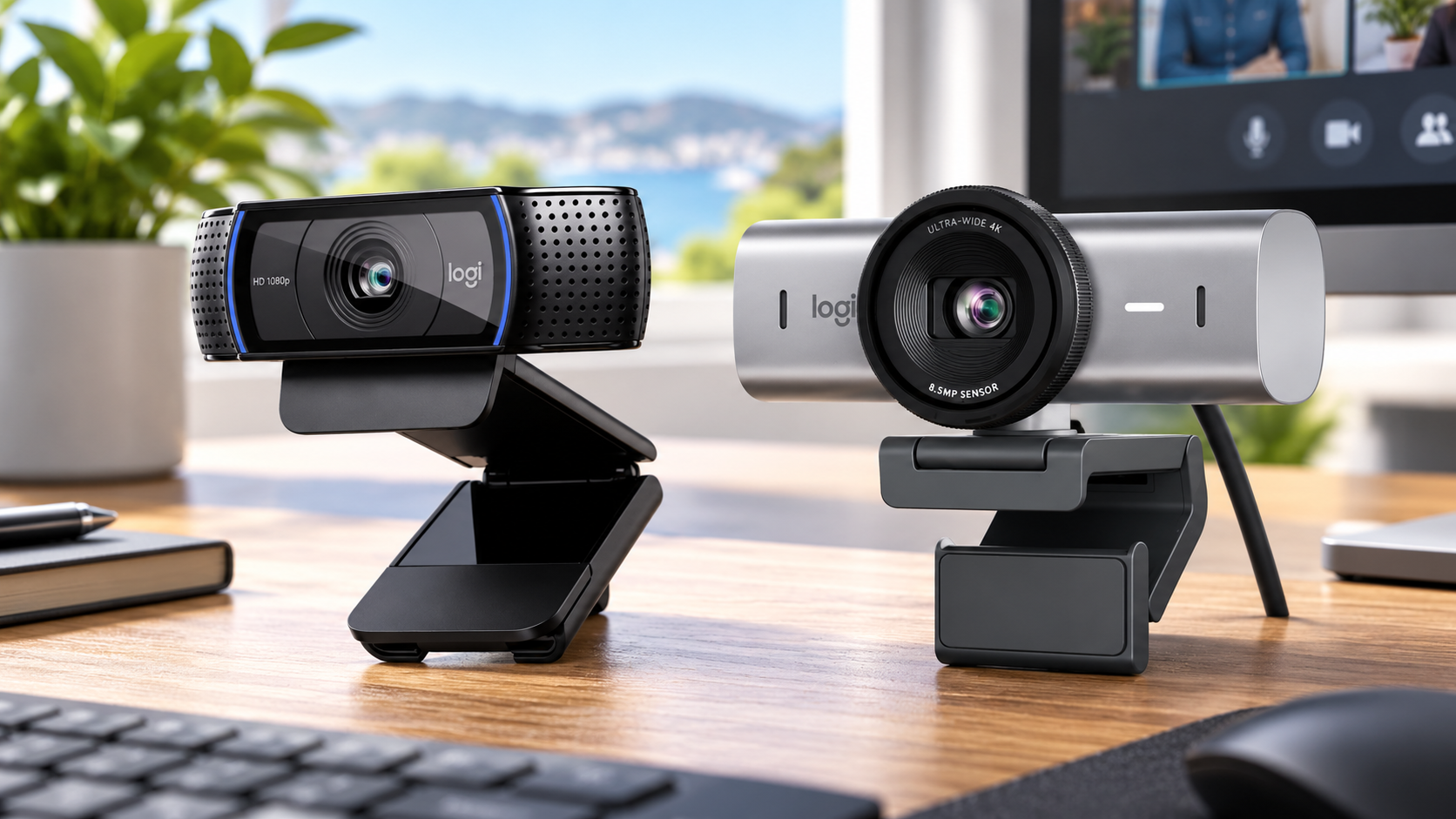 Two Logitech webcams on a wooden office desk, including a black HD 1080p webcam and a silver 4K webcam, with a blurred computer monitor and home office background.