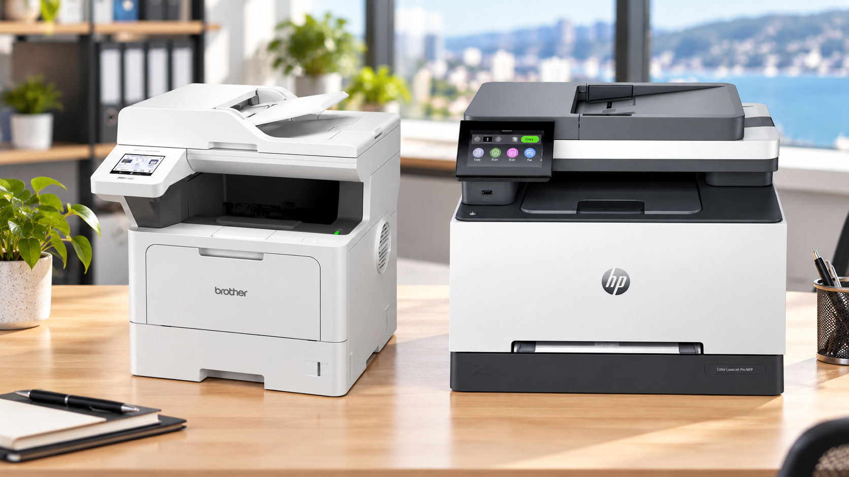 Brother and HP multifunction laser printers on a wooden desk in a bright modern office.