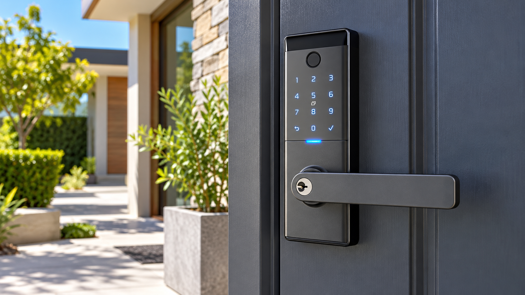 Sleek black smart door lock with illuminated keypad and lever handle installed on a modern residential front door.