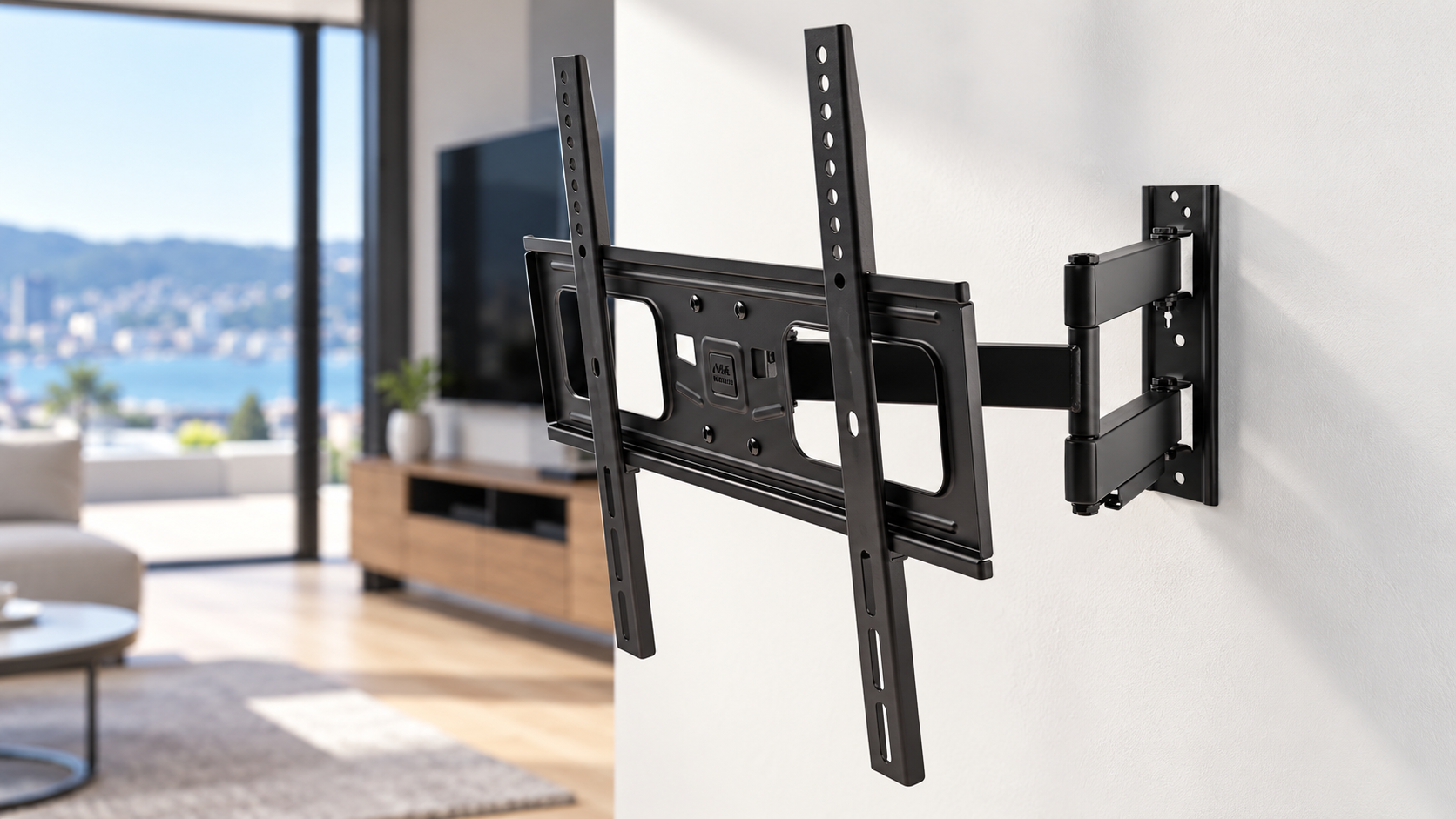 Full-motion TV wall mount installed in a modern NZ living room, showing the articulated arm and adjustable mounting brackets.