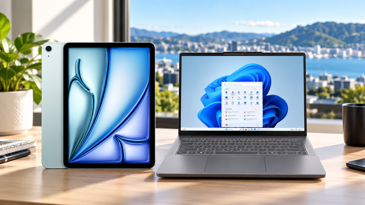 Tablet and Windows laptop displayed on a bright home office desk with a blurred city and harbour view in the background.