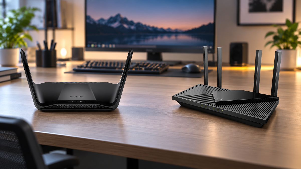 Netgear Nighthawk and TP-Link Wi-Fi routers on a modern computer desk with monitor, keyboard and home office background.
