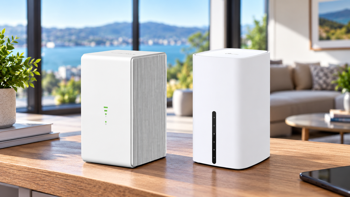 Two white Wi-Fi mesh routers on a wooden table in a bright modern home with a coastal view.