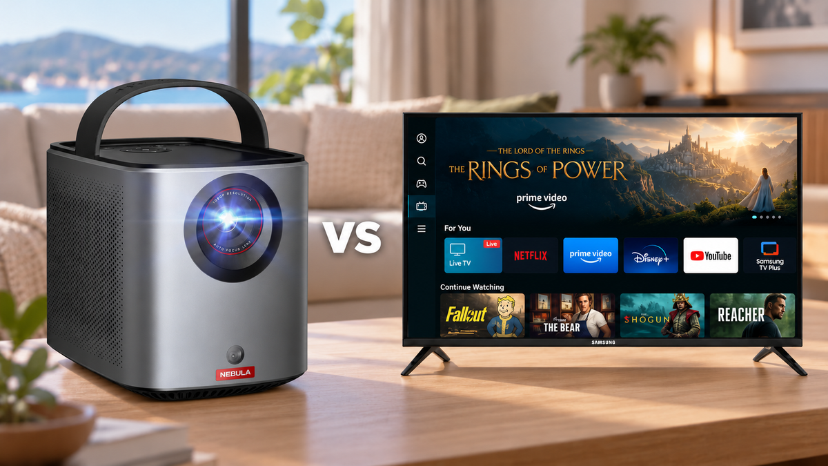 Nebula portable projector versus Samsung smart TV in a blurred lounge - Home Cinema at Tech Supply Shed NZ