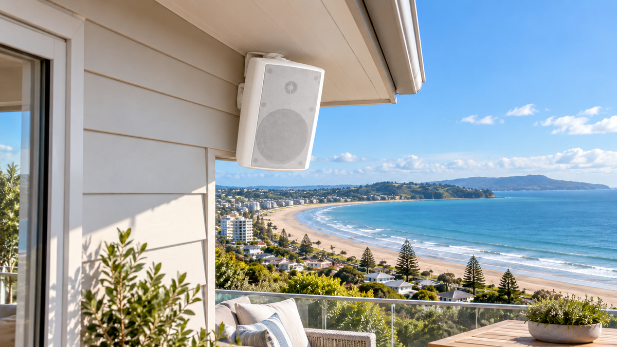 White outdoor speaker mounted beneath the eaves of a coastal home overlooking Ōrewa Beach on the Hibiscus Coast, New Zealand