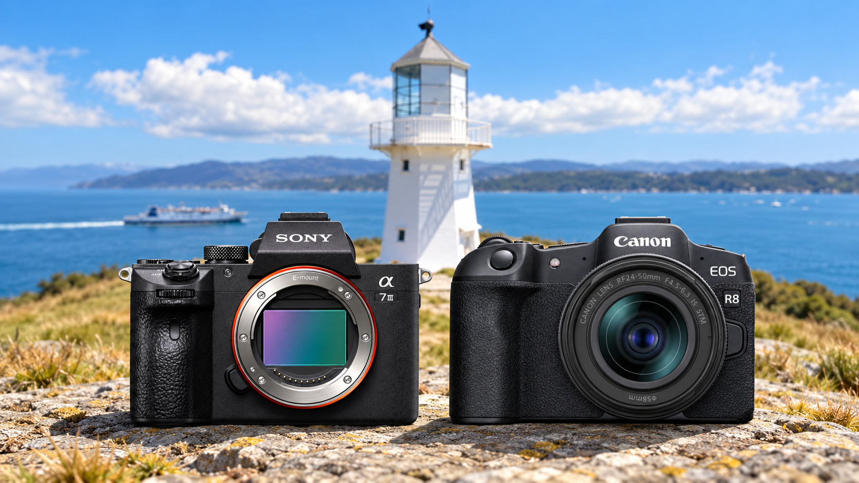 Sony Alpha and Canon EOS mirrorless cameras with Pencarrow Lighthouse and Wellington Harbour in the background.