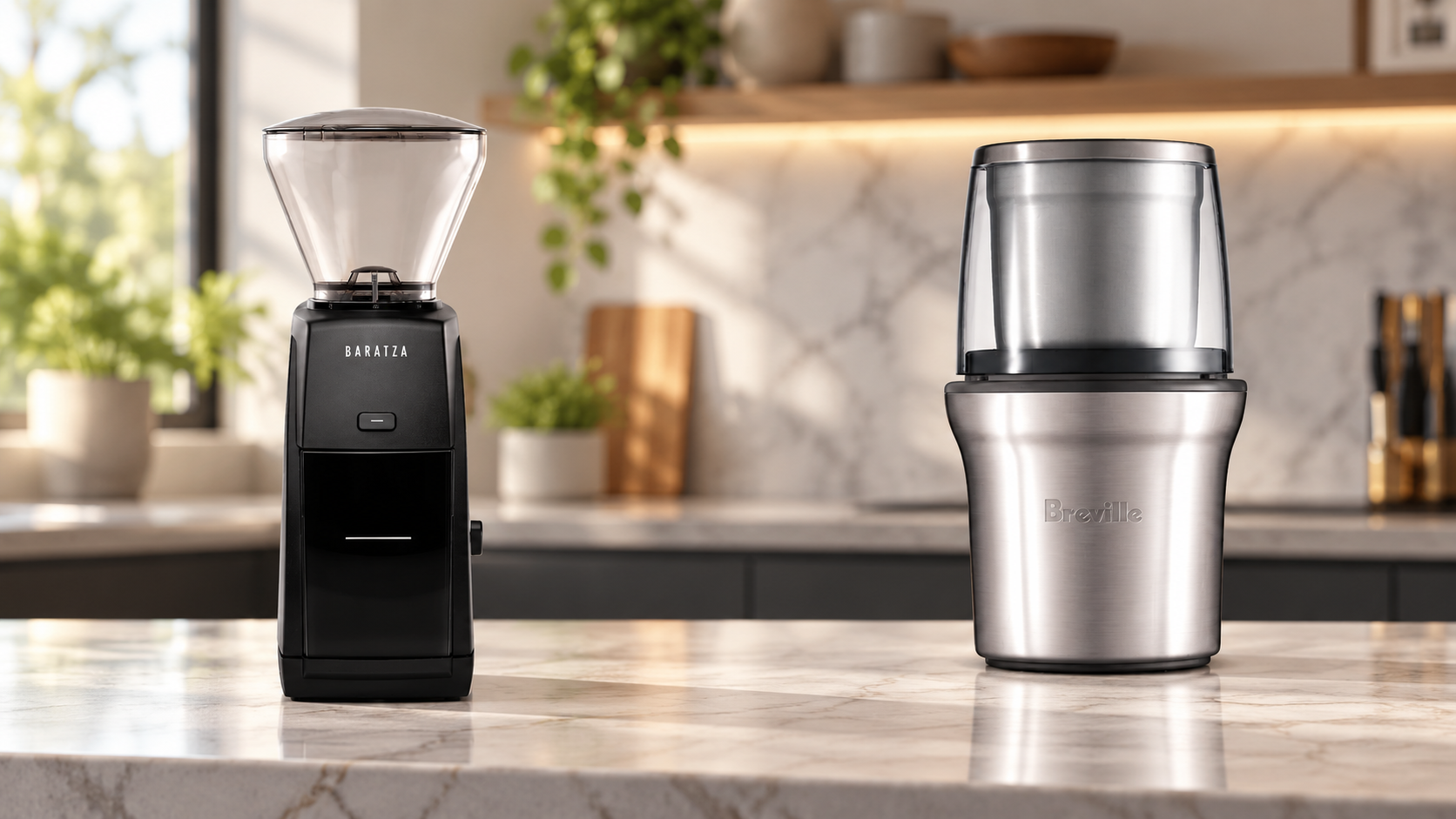 Baratza and Breville coffee grinders displayed on a marble benchtop in a bright modern kitchen.