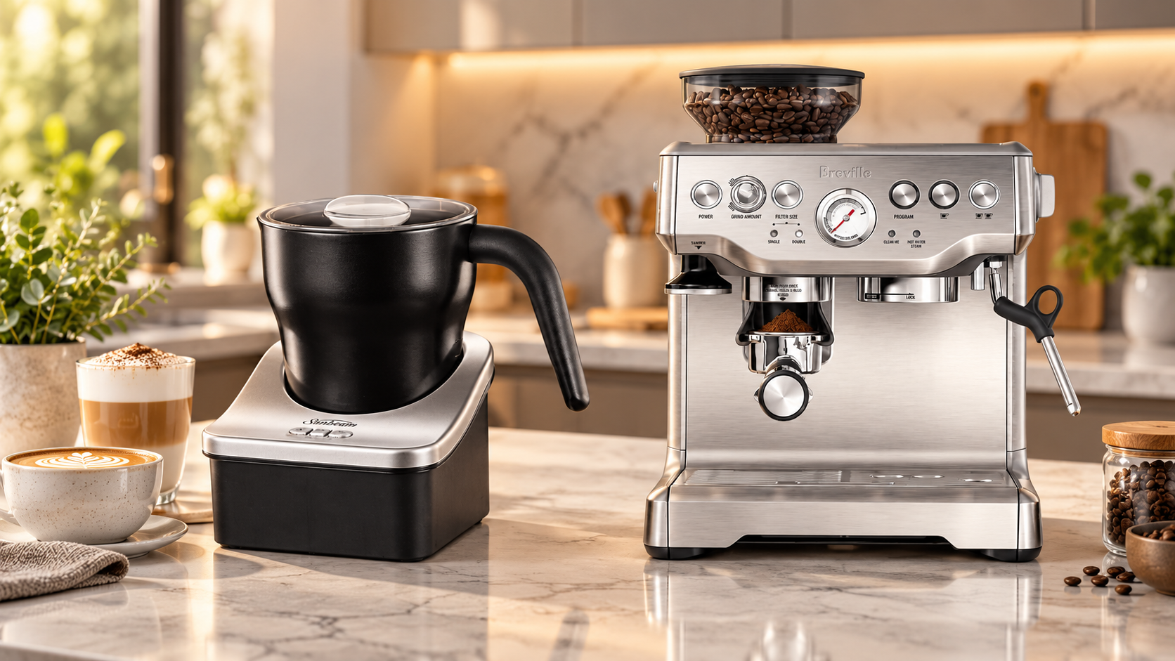 Breville espresso machine and Sunbeam milk frother on a marble benchtop in a bright modern kitchen.