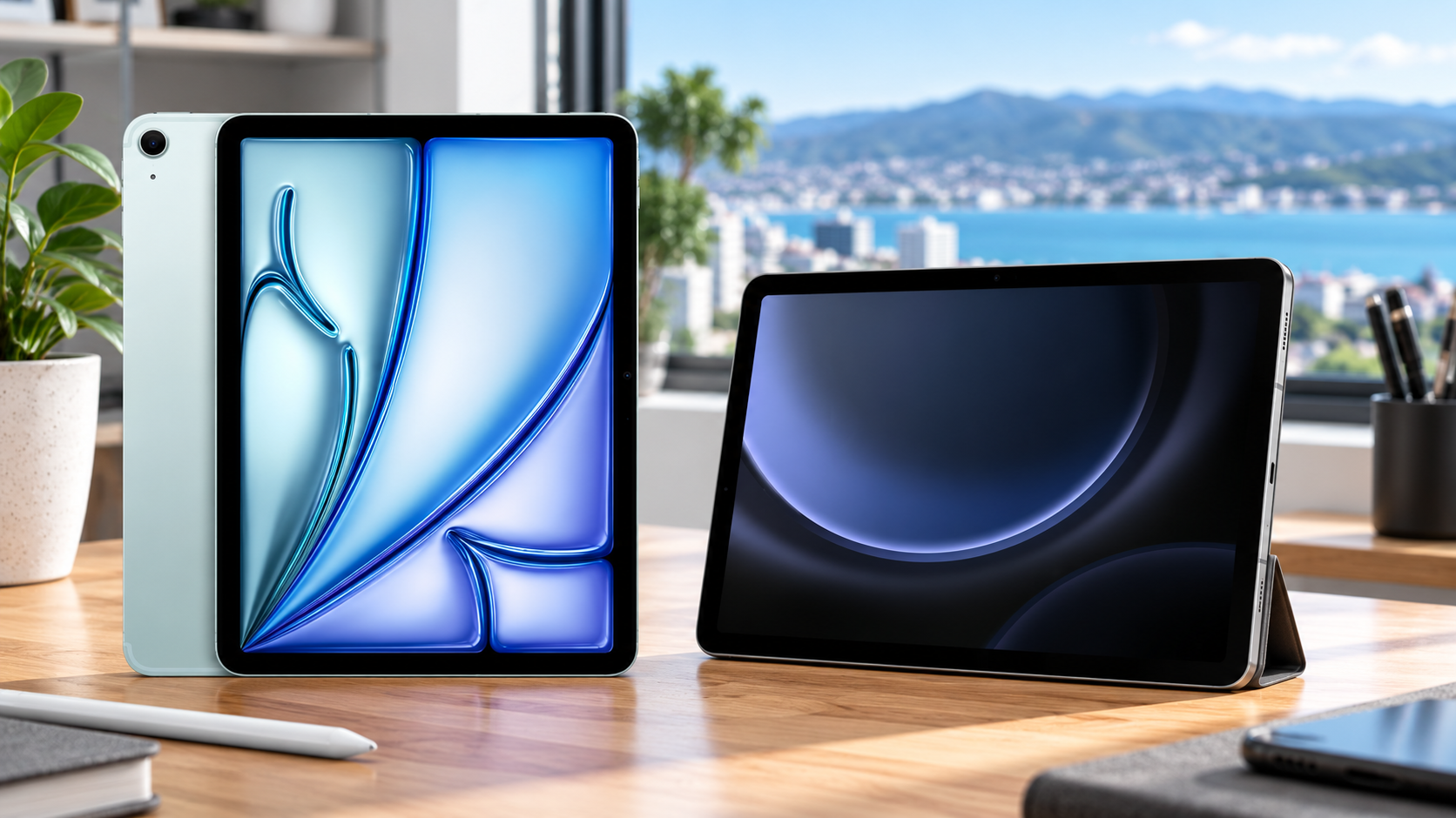 Two modern tablets displayed on a wooden desk in a bright contemporary workspace, with blue abstract screens and a softly blurred waterfront and mountain background.