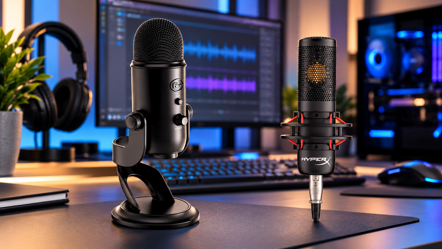 Blue Yeti and HyperX desktop microphones on a modern gaming and podcasting desk with RGB lighting and audio editing software in the background.