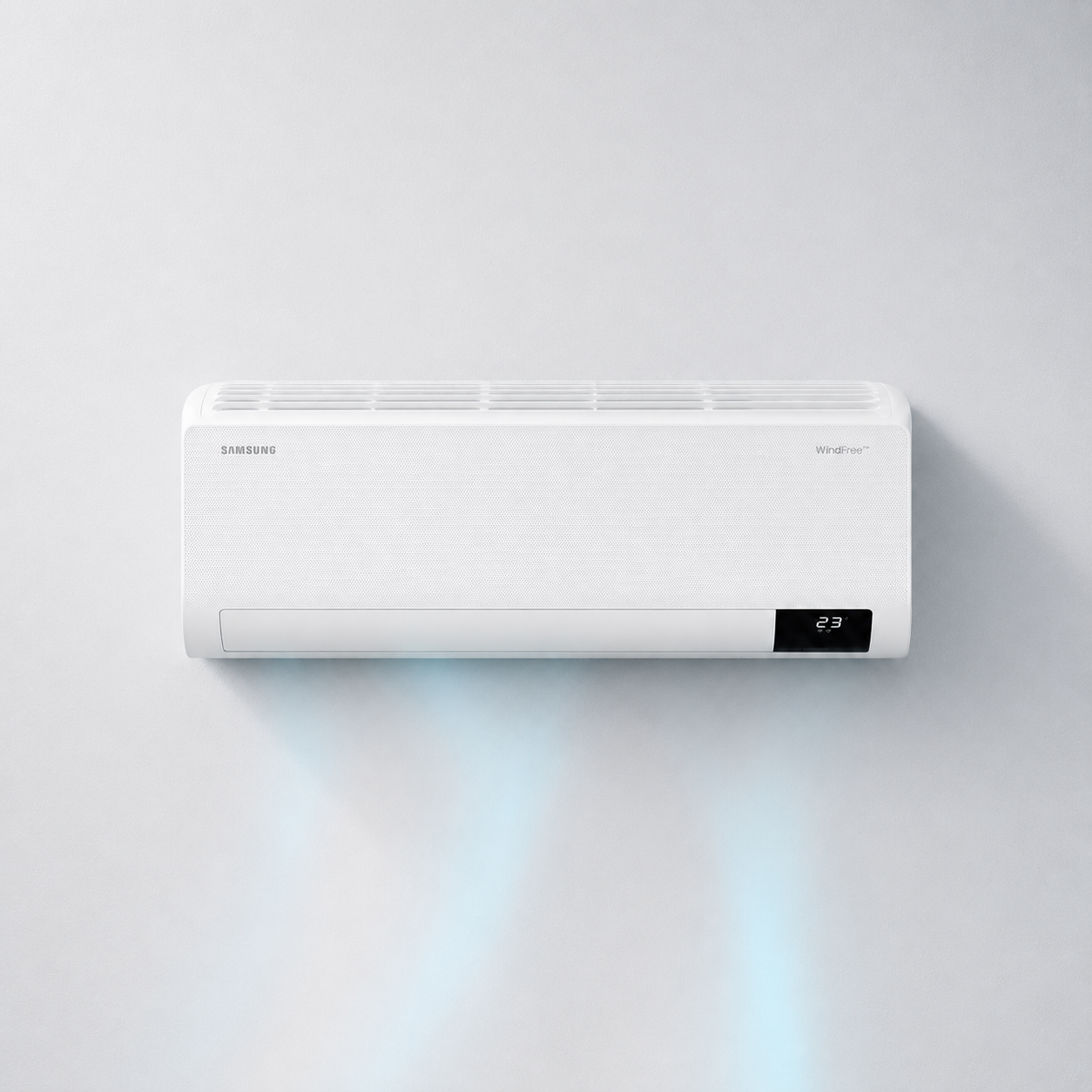 Samsung WindFree high wall air conditioner indoor unit mounted on white wall - heat pump range at Tech Supply Shed NZ