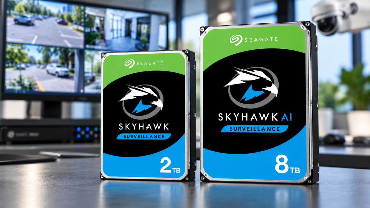Seagate SkyHawk 2TB and SkyHawk AI 8TB surveillance hard drives displayed in front of a CCTV monitoring system.