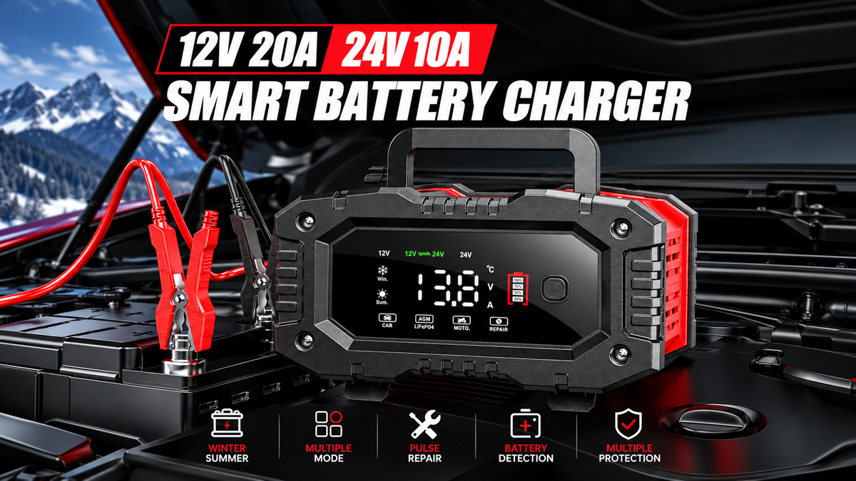 12V 20A and 24V 10A smart battery charger with digital display, charging clamps and multiple battery protection modes connected to a car battery.