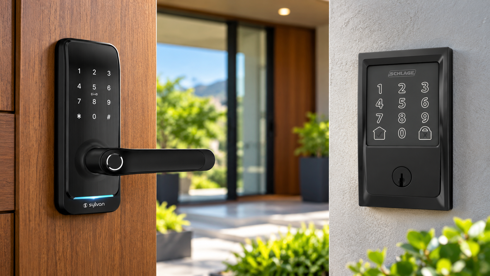 Black Sylvan smart lever lock and Schlage keypad deadbolt installed at a modern home entrance.