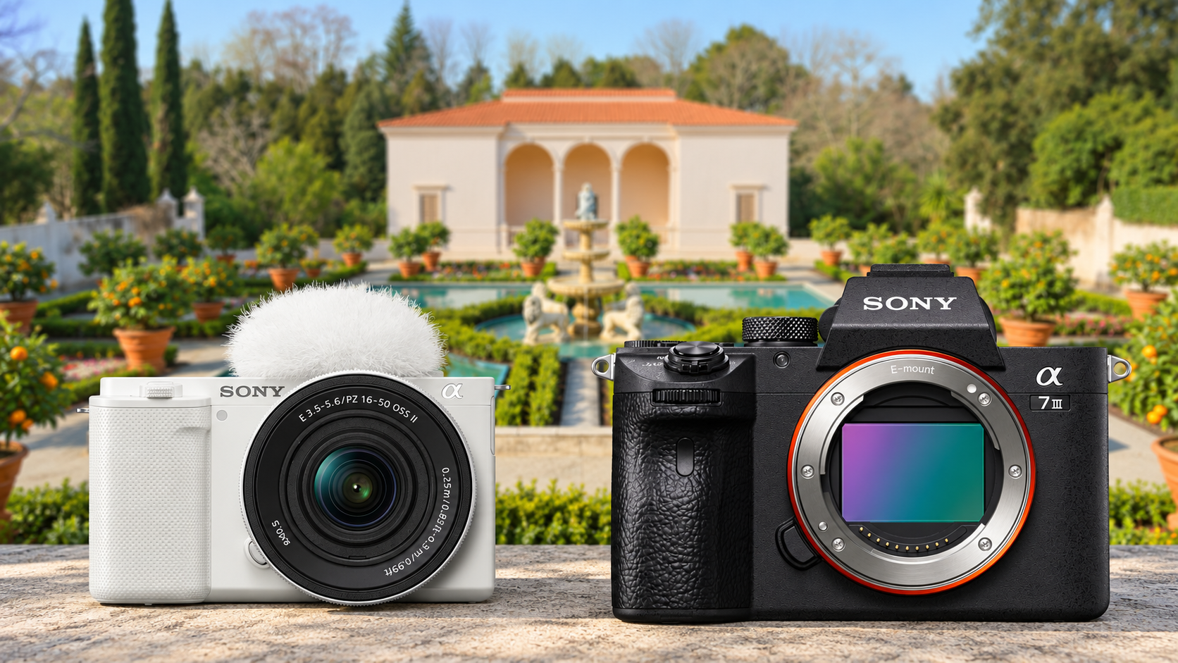 Sony APS-C and full-frame mirrorless cameras against a softly blurred Hamilton Gardens background.
