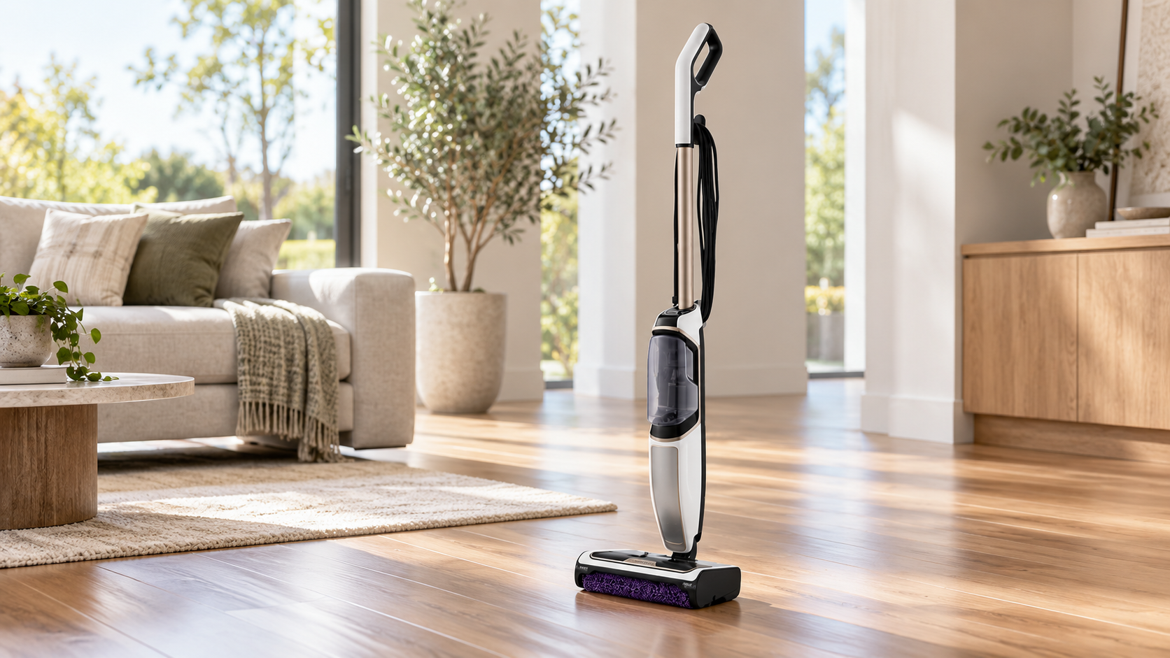 Shark upright vacuum cleaner standing on a timber floor in a bright modern New Zealand living room.