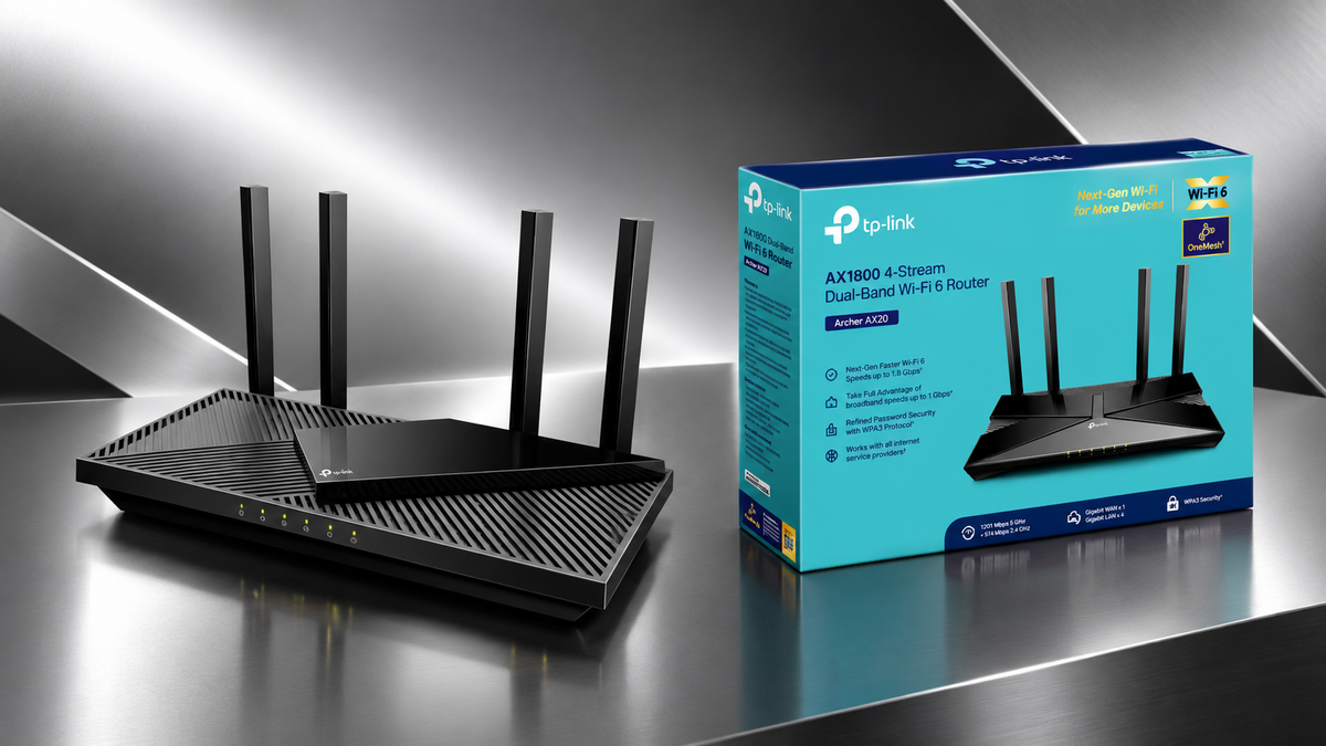 TP-Link Archer AX20 AX1800 dual-band Wi-Fi 6 router with four antennas and retail box on a sleek silver and black metallic background.