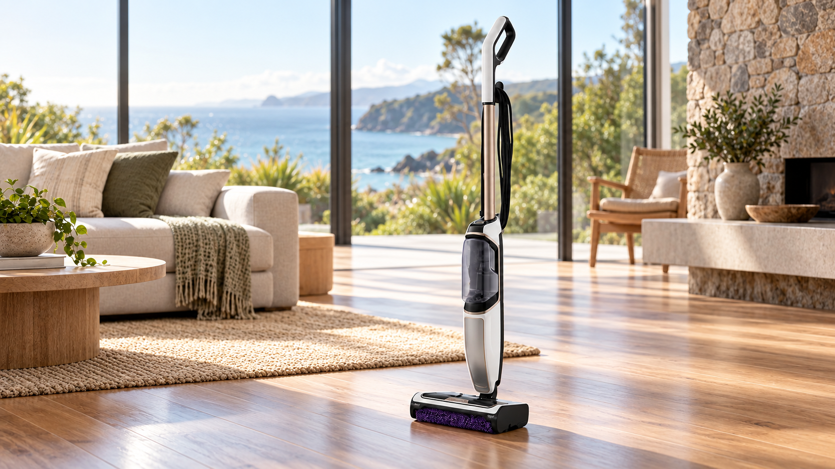 Upright vacuum cleaner on a timber floor in a modern coastal New Zealand lounge with ocean views.