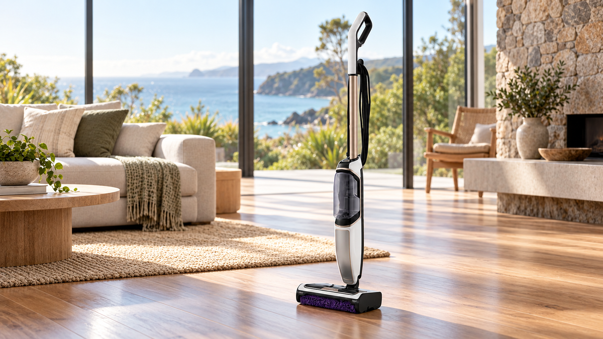 Upright vacuum cleaner on a timber floor in a modern coastal New Zealand lounge with ocean views.
